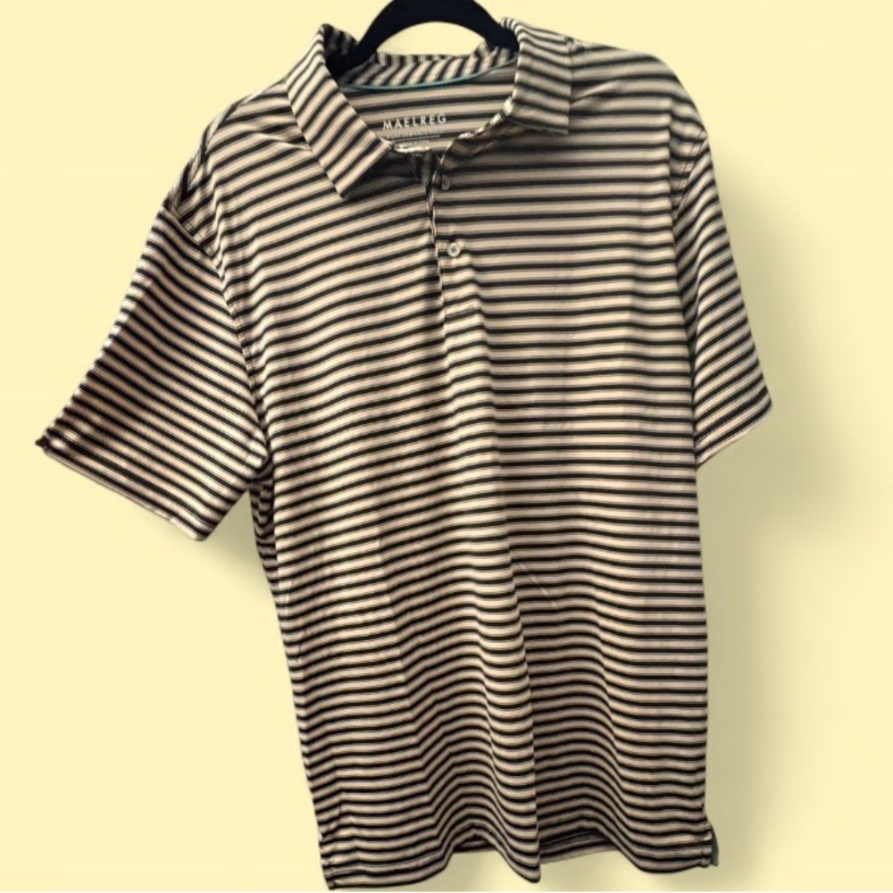 MAELREG Men’s Golf Polo Striped Shirt Short Sleeve Black and Khaki Size Large - Picture 2 of 8